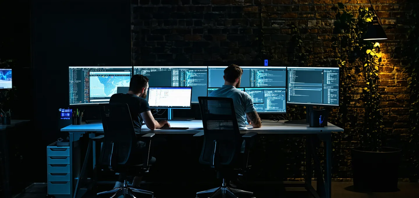 Platform engineering team collaborating at workstations with API documentation on screens